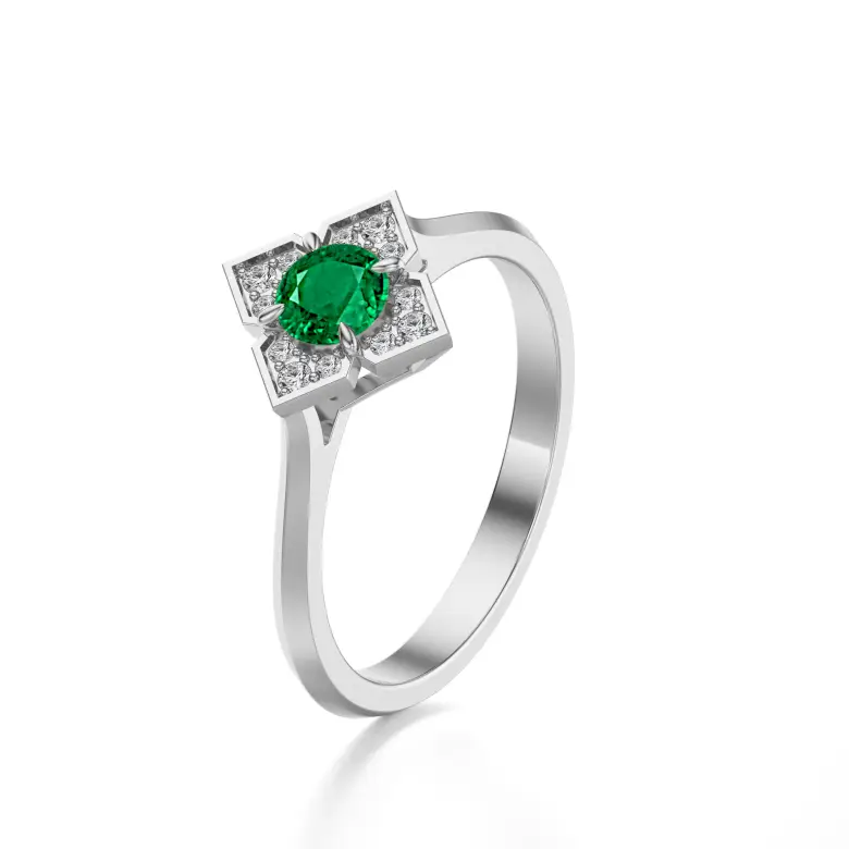 Pierścionek z szmaragdem i brylantami białe złoto AJPZ_136